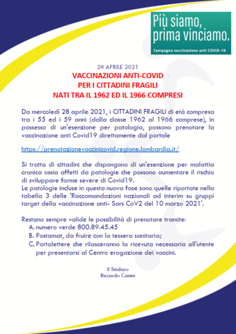vaccinazioni anti covid per i cittadini fragili nati tra il 1962 ed il 1966 compresi comune di dello